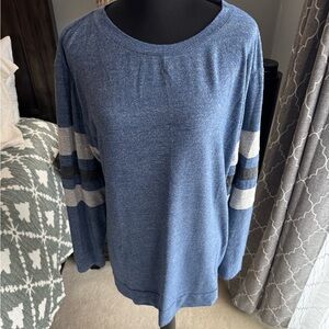 Blue Long Sleeve Sweater with Striped Sleeves
